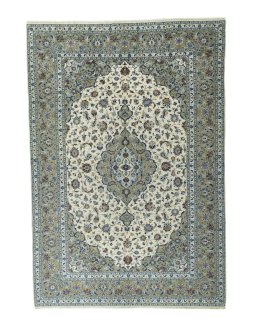Full view of 2000s Kashan rug from Iran / Persia, 295 × 202 cm in Beige tones