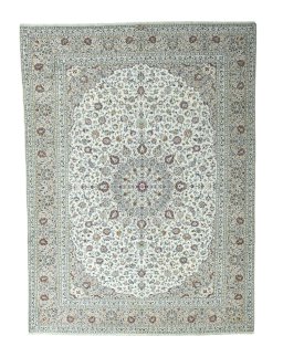 Full view of 2000s Kashan rug from Iran / Persia, 394 × 293 cm in Beige tones