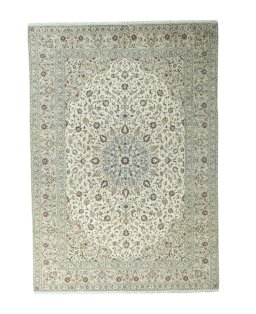 Full view of 2000s Kashan rug from Iran / Persia, 356 × 251 cm in Beige tones