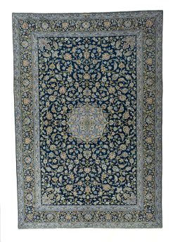 Full view of 2000s Kashan rug from Iran / Persia, 420 × 290 cm in Blue tones