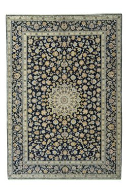 Full view of 2000s Kashan rug from Iran / Persia, 429 × 302 cm in Blue tones