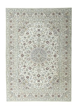 Full view of 2000s Kashan rug from Iran / Persia, 350 × 250 cm in Beige tones
