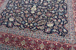 Full view of 2000s Kashan rug from Iran / Persia, 388 × 270 cm in Blue tones