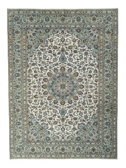 Full view of 2000s Kashan rug from Iran / Persia, 410 × 303 cm in Beige tones