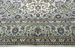 Full view of 2000s Kashan rug from Iran / Persia, 410 × 303 cm in Beige tones