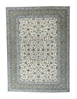Full view of 2000s Kashan rug from Iran / Persia, 411 × 302 cm in Beige tones