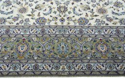 Full view of 2000s Kashan rug from Iran / Persia, 411 × 302 cm in Beige tones