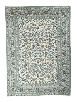 Full view of 2000s Kashan rug from Iran / Persia, 407 × 297 cm in Beige tones