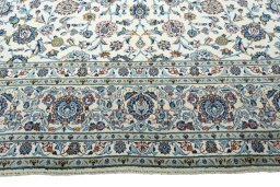 Full view of 2000s Kashan rug from Iran / Persia, 407 × 297 cm in Beige tones