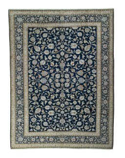 Full view of 2000s Kashan rug from Iran / Persia, 415 × 315 cm in Blue tones