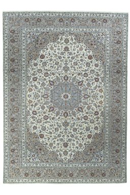Full view of 2000s Kashan rug from Iran / Persia, 407 × 297 cm in Beige tones