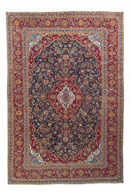 Full view of 2000s Kashan rug from Iran / Persia, 428 × 292 cm in Blue tones