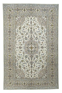 Full view of 2000s Kashan rug from Iran / Persia, 304 × 196 cm in Beige tones