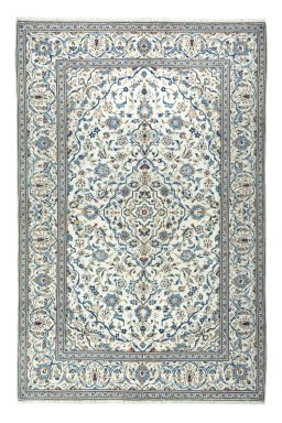 Full view of 2000s Kashan rug from Iran / Persia, 297 × 195 cm in Beige tones