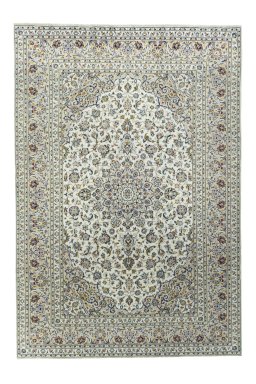 Full view of 2000s Kashan rug from Iran / Persia, 362 × 249 cm in Beige tones