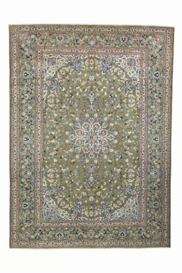 Full view of 2000s Kashan rug from Iran / Persia, 413 × 302 cm in Green tones