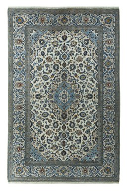 Full view of 2000s Kashan rug from Iran / Persia, 305 × 200 cm in Beige tones