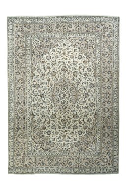 Full view of 2000s Kashan rug from Iran / Persia, 347 × 247 cm in Beige tones