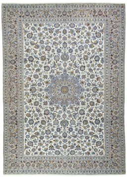 Full view of 2000s Kashan rug from Iran / Persia, 414 × 295 cm in Beige tones