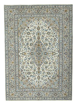 Full view of 2000s Kashan rug from Iran / Persia, 353 × 251 cm in Beige tones