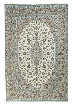 Full view of 2000s Kashan rug from Iran / Persia, 323 × 212 cm in Beige tones