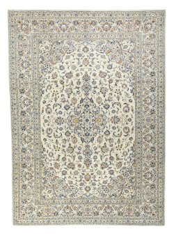 Full view of 2000s Kashan rug from Iran / Persia, 338 × 246 cm in Beige tones