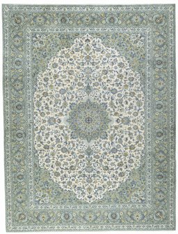 Full view of 2000s Kashan rug from Iran / Persia, 401 × 307 cm in Beige tones