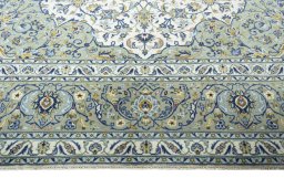 Full view of 2000s Kashan rug from Iran / Persia, 401 × 307 cm in Beige tones