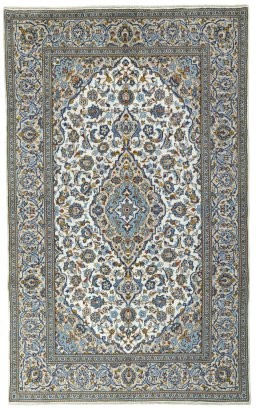 Full view of 2000s Kashan rug from Iran / Persia, 317 × 195 cm in Beige tones