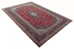 Close-up detail of 2000s Kashan rug from Iran / Persia showing Wool weave