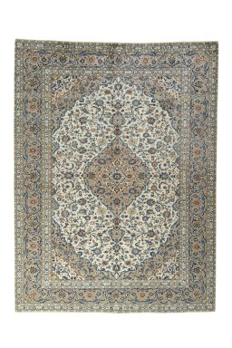 Full view of 2000s Kashan rug from Iran / Persia, 390 × 294 cm in Beige tones