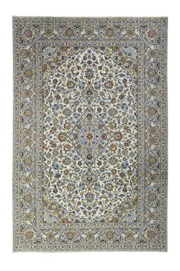 Full view of 2000s Kashan rug from Iran / Persia, 364 × 243 cm in Beige tones