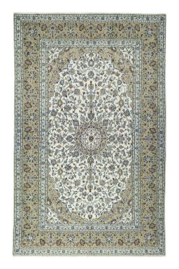 Full view of 2000s Kashan rug from Iran / Persia, 309 × 195 cm in Beige tones