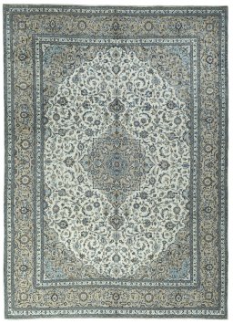 Full view of 2000s Kashan rug from Iran / Persia, 418 × 304 cm in Beige tones