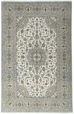 Full view of 2000s Kashan rug from Iran / Persia, 306 × 195 cm in Beige tones