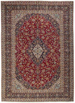 Full view of 2000s Kashan rug from Iran / Persia, 418 × 304 cm in Red tones