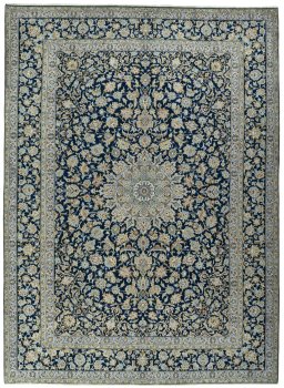 Full view of 1970s Kashan rug from Iran / Persia, 428 × 314 cm in Blue tones
