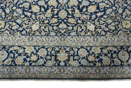Full view of 1970s Kashan rug from Iran / Persia, 428 × 314 cm in Blue tones