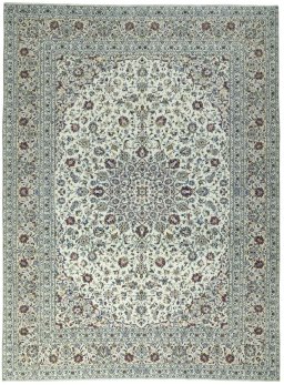Full view of 2000s Kashan rug from Iran / Persia, 411 × 307 cm in Beige tones