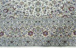 Full view of 2000s Kashan rug from Iran / Persia, 411 × 307 cm in Beige tones