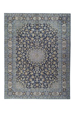 Full view of 1970s Kashan rug from Iran / Persia, 411 × 320 cm in Blue tones