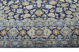 Full view of 1970s Kashan rug from Iran / Persia, 411 × 320 cm in Blue tones