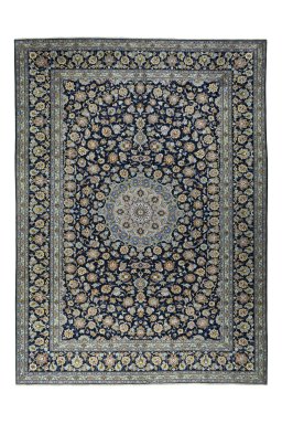 Full view of 1970s Kashan rug from Iran / Persia, 430 × 315 cm in Blue tones