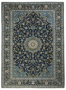 Full view of 2000s Kashan rug from Iran / Persia, 418 × 305 cm in Blue tones