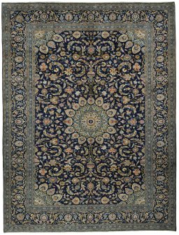 Full view of 2000s Kashan rug from Iran / Persia, 396 × 300 cm in Blue tones