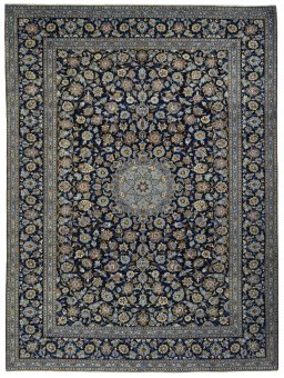 Full view of 2000s Kashan rug from Iran / Persia, 419 × 312 cm in Blue tones