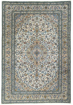 Full view of 2000s Kashan rug from Iran / Persia, 441 × 300 cm in Beige tones