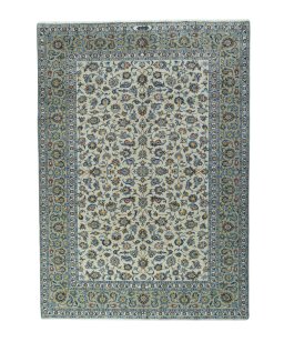 Full view of 2000s Kashan rug from Iran / Persia, 326 × 232 cm in Beige tones