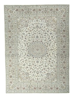 Full view of 2000s Kashan rug from Iran / Persia, 397 × 294 cm in Beige tones