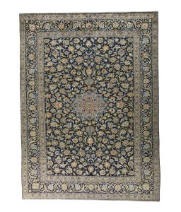 Full view of 2000s Kashan rug from Iran / Persia, 384 × 286 cm in Blue tones